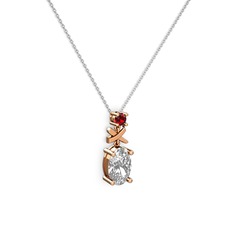 Oval Taşlı X kolye - Beyaz zirkon ve garnet 8 ayar rose altın kolye (40 cm beyaz altın rolo zincir) #1j5dz94