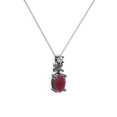Oval Taşlı X kolye - Kök yakut ve pırlanta 925 ayar siyah rodyum kaplama gümüş kolye (0.24 karat, 40 cm gümüş rolo zincir) #1jejbcw