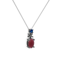 Oval Taşlı X kolye - Kök yakut ve lab safir 925 ayar siyah rodyum kaplama gümüş kolye (40 cm beyaz altın rolo zincir) #1jqqgej