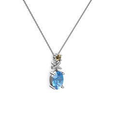 Oval Taşlı X kolye - Akuamarin ve dumanlı kuvars 8 ayar beyaz altın kolye (40 cm gümüş rolo zincir) #1k02qww