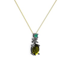 Oval Taşlı X kolye - Peridot ve kök zümrüt 925 ayar siyah rodyum kaplama gümüş kolye (40 cm gümüş rolo zincir) #1k7nlar