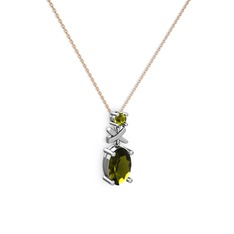 Oval Taşlı X kolye - Peridot 8 ayar beyaz altın kolye (40 cm rose altın rolo zincir) #1keonll