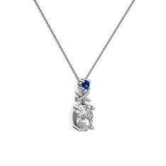 Oval Taşlı X kolye - Swarovski ve lab safir 14 ayar beyaz altın kolye (40 cm gümüş rolo zincir) #1khycbe