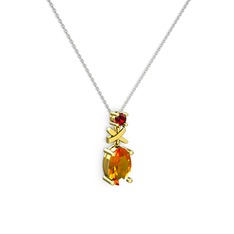 Oval Taşlı X kolye - Sitrin ve garnet 14 ayar altın kolye (40 cm gümüş rolo zincir) #1kk4ko7