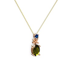 Oval Taşlı X kolye - Peridot ve lab safir 14 ayar rose altın kolye (40 cm gümüş rolo zincir) #1ktn2vj