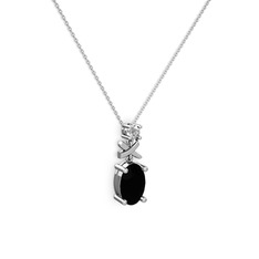 Oval Taşlı X kolye - Siyah zirkon ve swarovski 18 ayar beyaz altın kolye (40 cm beyaz altın rolo zincir) #1ku3d7v