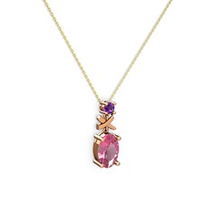Pembe kuvars ve ametist 14 ayar rose altın kolye (40 cm gümüş rolo zincir)