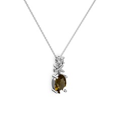 Oval Taşlı X kolye - Dumanlı kuvars ve swarovski 18 ayar beyaz altın kolye (40 cm beyaz altın rolo zincir) #1l858xv