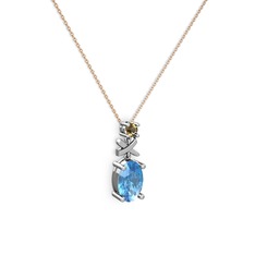 Oval Taşlı X kolye - Akuamarin ve dumanlı kuvars 8 ayar beyaz altın kolye (40 cm rose altın rolo zincir) #1lcuwnt