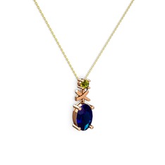 Oval Taşlı X kolye - Lab safir ve peridot 925 ayar rose altın kaplama gümüş kolye (40 cm altın rolo zincir) #1lnfpum