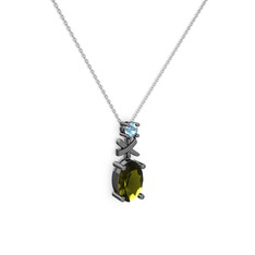Oval Taşlı X kolye - Peridot ve akuamarin 925 ayar siyah rodyum kaplama gümüş kolye (40 cm beyaz altın rolo zincir) #1lv7jdb