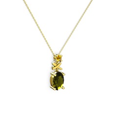 Oval Taşlı X kolye - Peridot ve sitrin 14 ayar altın kolye (40 cm gümüş rolo zincir) #1mg6o88