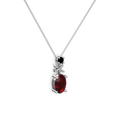 Oval Taşlı X kolye - Garnet ve siyah zirkon 8 ayar beyaz altın kolye (40 cm beyaz altın rolo zincir) #1mhctsq