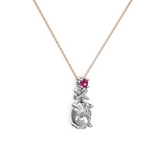 Oval Taşlı X kolye - Swarovski ve rodolit garnet 8 ayar beyaz altın kolye (40 cm gümüş rolo zincir) #1n1aco