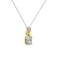Oval Taşlı X kolye - Swarovski ve pembe kuvars 18 ayar altın kolye (40 cm beyaz altın rolo zincir) #1nn4r3m
