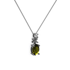 Oval Taşlı X kolye - Peridot ve beyaz zirkon 925 ayar siyah rodyum kaplama gümüş kolye (40 cm gümüş rolo zincir) #1nqdhty
