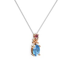Akuamarin ve kök yakut 925 ayar rose altın kaplama gümüş kolye (40 cm beyaz altın rolo zincir)