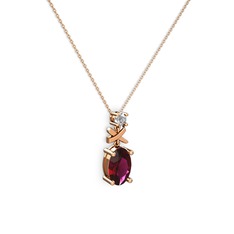 Oval Taşlı X kolye - Rodolit garnet ve beyaz zirkon 8 ayar rose altın kolye (40 cm rose altın rolo zincir) #1nypb1r
