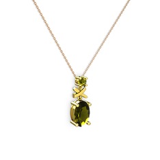 Oval Taşlı X kolye - Peridot 925 ayar altın kaplama gümüş kolye (40 cm rose altın rolo zincir) #1o0p3fq