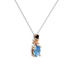Oval Taşlı X kolye - Akuamarin ve siyah zirkon 925 ayar rose altın kaplama gümüş kolye (40 cm beyaz altın rolo zincir) #1od4a68