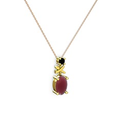 Oval Taşlı X kolye - Kök yakut ve siyah zirkon 14 ayar altın kolye (40 cm rose altın rolo zincir) #1oej1d7
