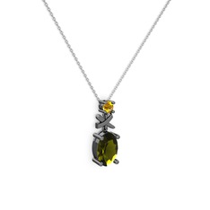 Oval Taşlı X kolye - Peridot ve sitrin 925 ayar siyah rodyum kaplama gümüş kolye (40 cm beyaz altın rolo zincir) #1p6oa0a