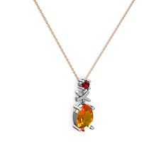 Oval Taşlı X kolye - Sitrin ve garnet 14 ayar beyaz altın kolye (40 cm gümüş rolo zincir) #1p73fzm