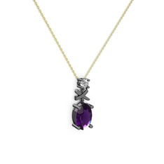 Oval Taşlı X kolye - Ametist ve swarovski 925 ayar siyah rodyum kaplama gümüş kolye (40 cm altın rolo zincir) #1pt0uso