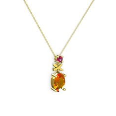 Oval Taşlı X kolye - Sitrin ve rodolit garnet 14 ayar altın kolye (40 cm altın rolo zincir) #1puuslm