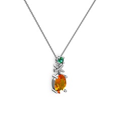 Oval Taşlı X kolye - Sitrin ve yeşil kuvars 8 ayar beyaz altın kolye (40 cm gümüş rolo zincir) #1pyk7ex