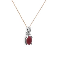 Oval Taşlı X kolye - Kök yakut ve beyaz zirkon 14 ayar beyaz altın kolye (40 cm rose altın rolo zincir) #1q12lwd