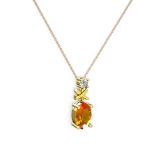 Oval Taşlı X kolye - Sitrin ve pırlanta 14 ayar altın kolye (0.24 karat, 40 cm rose altın rolo zincir) #1q6t1ca