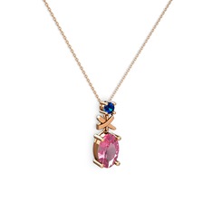 Oval Taşlı X kolye - Pembe kuvars ve lab safir 8 ayar rose altın kolye (40 cm gümüş rolo zincir) #1qqkuw5