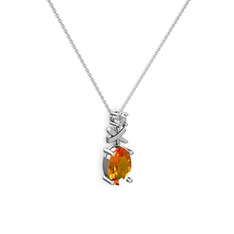 Oval Taşlı X kolye - Sitrin ve pırlanta 14 ayar beyaz altın kolye (0.24 karat, 40 cm gümüş rolo zincir) #1r3jf0