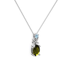Oval Taşlı X kolye - Peridot ve akuamarin 14 ayar beyaz altın kolye (40 cm beyaz altın rolo zincir) #1rd742p