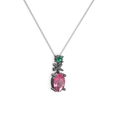 Oval Taşlı X kolye - Pembe kuvars ve yeşil kuvars 925 ayar siyah rodyum kaplama gümüş kolye (40 cm beyaz altın rolo zincir) #1rgyqac