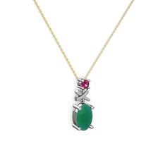 Oval Taşlı X kolye - Kök zümrüt ve rodolit garnet 18 ayar beyaz altın kolye (40 cm gümüş rolo zincir) #1rkygqj