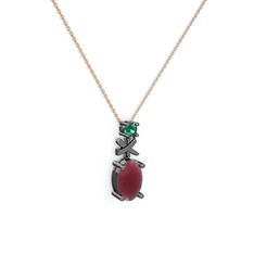 Oval Taşlı X kolye - Kök yakut ve yeşil kuvars 925 ayar siyah rodyum kaplama gümüş kolye (40 cm rose altın rolo zincir) #1rqi0fl