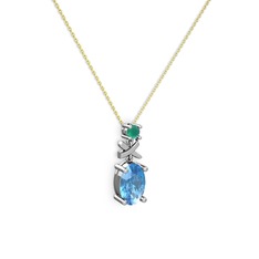 Oval Taşlı X kolye - Akuamarin ve kök zümrüt 8 ayar beyaz altın kolye (40 cm gümüş rolo zincir) #1srsg6u