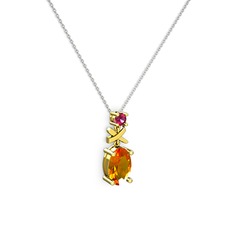 Oval Taşlı X kolye - Sitrin ve rodolit garnet 8 ayar altın kolye (40 cm beyaz altın rolo zincir) #1svrgzs