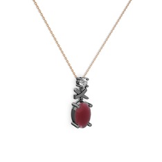 Oval Taşlı X kolye - Kök yakut ve beyaz zirkon 925 ayar siyah rodyum kaplama gümüş kolye (40 cm rose altın rolo zincir) #1tb5ypf