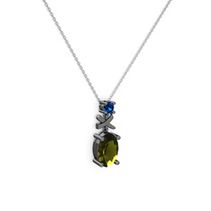 Oval Taşlı X kolye - Peridot ve lab safir 925 ayar siyah rodyum kaplama gümüş kolye (40 cm beyaz altın rolo zincir) #1td6up6