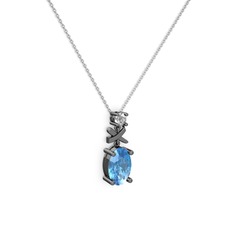 Oval Taşlı X kolye - Akuamarin ve swarovski 925 ayar siyah rodyum kaplama gümüş kolye (40 cm gümüş rolo zincir) #1tdfyrr