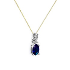 Oval Taşlı X kolye - Lab safir ve swarovski 8 ayar beyaz altın kolye (40 cm altın rolo zincir) #1tgq9qn