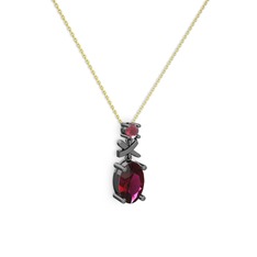 Oval Taşlı X kolye - Rodolit garnet ve kök yakut 925 ayar siyah rodyum kaplama gümüş kolye (40 cm gümüş rolo zincir) #1tl0nl