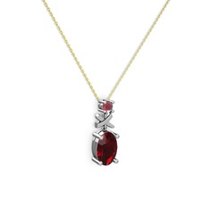 Oval Taşlı X kolye - Garnet ve kök yakut 18 ayar beyaz altın kolye (40 cm altın rolo zincir) #1tvdt4g