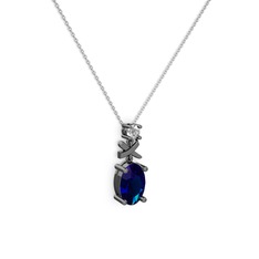 Lab safir ve pırlanta 925 ayar siyah rodyum kaplama gümüş kolye (0.24 karat, 40 cm beyaz altın rolo zincir)