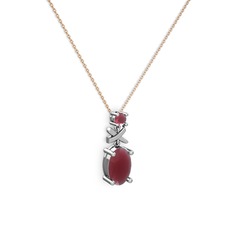 Oval Taşlı X kolye - Kök yakut 14 ayar beyaz altın kolye (40 cm rose altın rolo zincir) #1u4f154