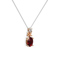 Oval Taşlı X kolye - Garnet ve beyaz zirkon 8 ayar rose altın kolye (40 cm beyaz altın rolo zincir) #1uc37re