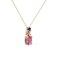 Oval Taşlı X kolye - Pembe kuvars ve lab safir 14 ayar rose altın kolye (40 cm altın rolo zincir) #1uepu6